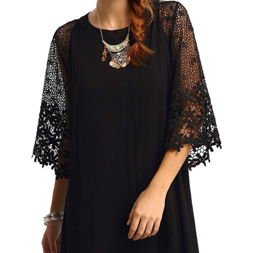 Black Half Mesh Sleeve Tunic Dress
